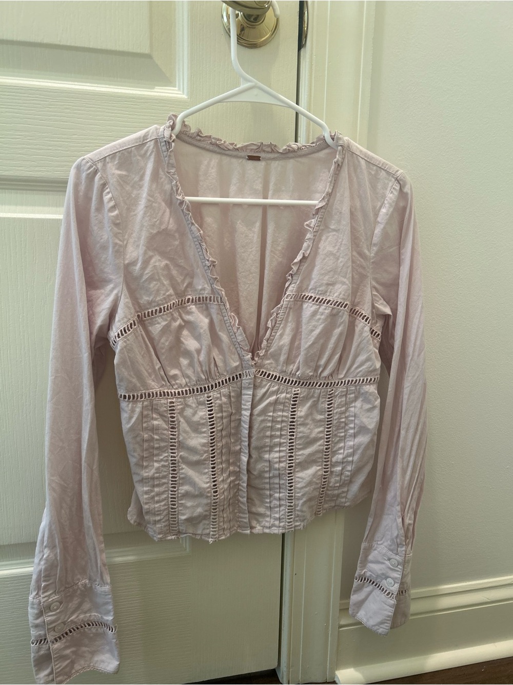 Free People Pale Pink Lace-Trim Button Down Blouse
